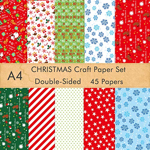 FEPITO Juego de 45 hojas de papel de patrón navideño, papel decorativo navideño A4 para hacer tarjetas de álbum de recortes, decoración, 10 diseños