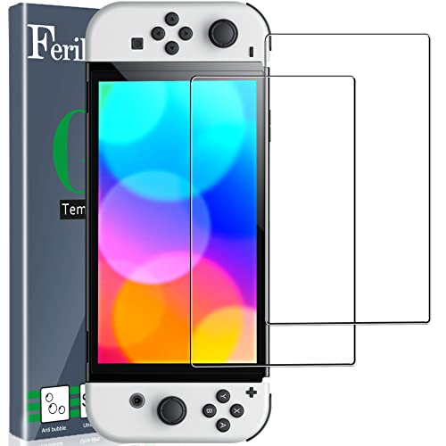 Ferilinso diseñado para el protector de pantalla Nintendo Switch OLED modelo 2021, 2 unidades de vidrio templado HD, accesorios, compatible con estuches, dureza 9H, sin burbujas, fácil instalación
