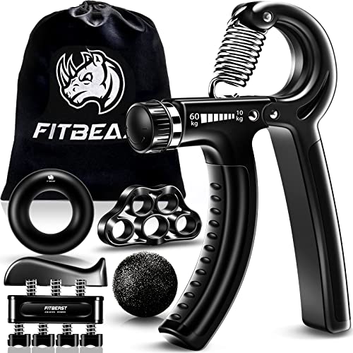 FitBeast Hand Grip para Antebrazo Ejercitar – Paquete de 5 Piezas, Fortalecedor de Agarre de Manos Ajustables, Ejercitador de Manos, Para Estirar Los Dedos, Anillo para Entrenar y Pelota Anti Estrés