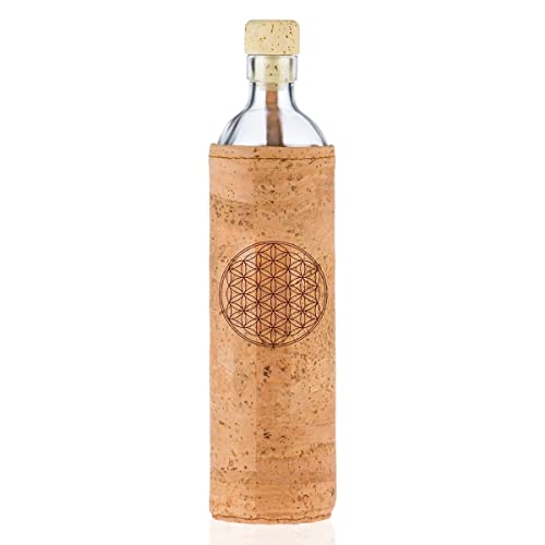 FLASKA | Botella de agua cristal programado | 500 ml | Flor de la Vida | Estructura el agua | Funda de corcho | Bebidas Frías y Calientes | sin BPA | Ecológica | Deporte, Oficina, Yoga