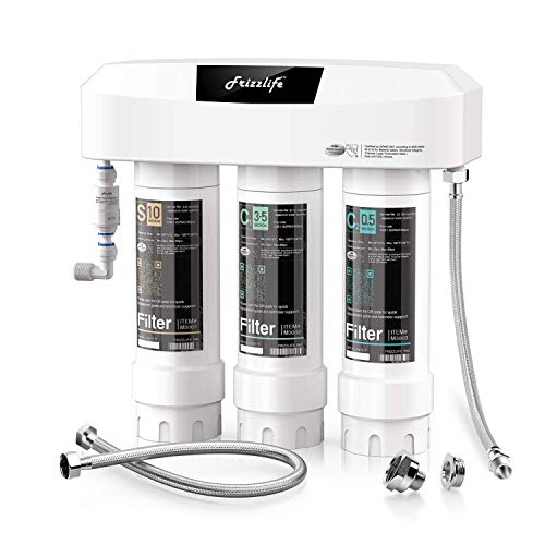 Frizzlife SK99-NEW Sistema de filtro de agua debajo del fregadero, conexión directa, certificado de 3 etapas de 0,5 micras, elimina 99,99% de plomo, cloro, cloramina, fluoruro, olores y mal gusto