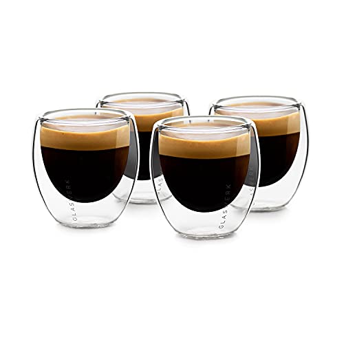 GLASWERK - Tazas de Café Expresso (4x 70 ml), Vasos Café Cristal Doble Pared de Borosilicato, Tazas Café Grandes, Vasos Térmicos aptos Lavavajillas, Juego de 4 tazas