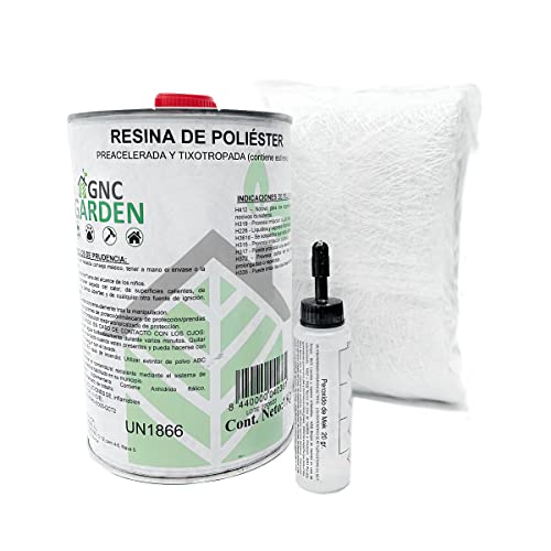 GNCGarden Kit Reparación Resina de Poliester 1kg (1kg Resina + 1m2 Mat-300 + 25grs catalizador para endurecer la Resina.) Material de Refuerzo y Material Estructural.