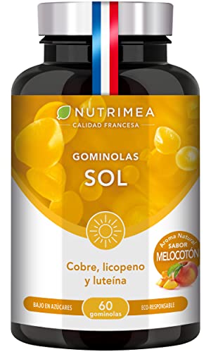 Gominolas para el Sol - Acelerador Bronceado - Con Cobre, Licopeno y Luteína - Sabor Melocotón - 60 Gummies Veganas - Fabricadas en Francia - Nutrimea