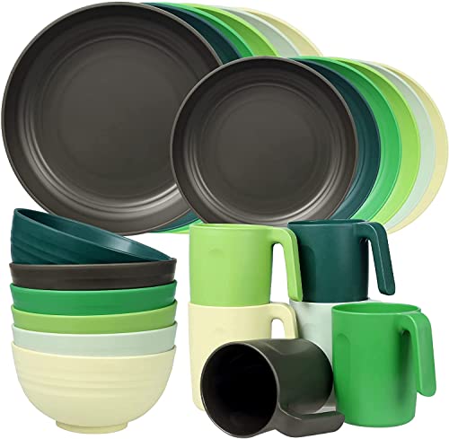 Greentainer Juego de vajilla de plástico irrompible, vajilla ligera de camping de 24 piezas, juego de platos aptos para microondas y lavavajillas, cuencos, tazas, servicio para 6, ideal para niños