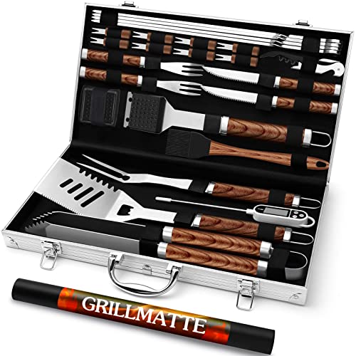 Grilliance Kit de Accesorios para Barbacoa de Acero Inoxidable de 26 Piezas, Juego de Herramientas para Parrilla Resistente con Estuche de Aluminio, Utensilios para Barbacoa para Hombres, marrón