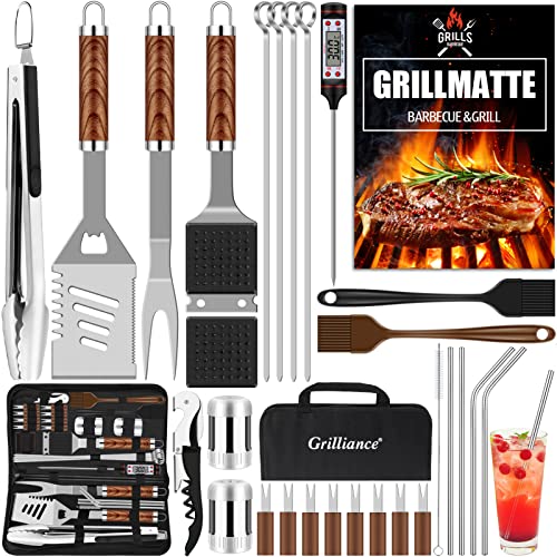 Grilliance Utensilios para Barbacoa de 30 Piezas, Kit de Accesorios para Parrilla de Acero Inoxidable para Hombres, Juego de Herramientas Profesionales para Parrilla con Bolsa de Transporte, marrón