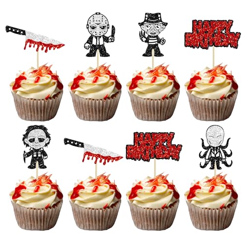 Gyufise 24 adornos para cupcakes de película de terror con purpurina, fantasmas de terror, decoración de pastel de cumpleaños para temática de película de terror, cumpleaños, fiesta de Halloween,
