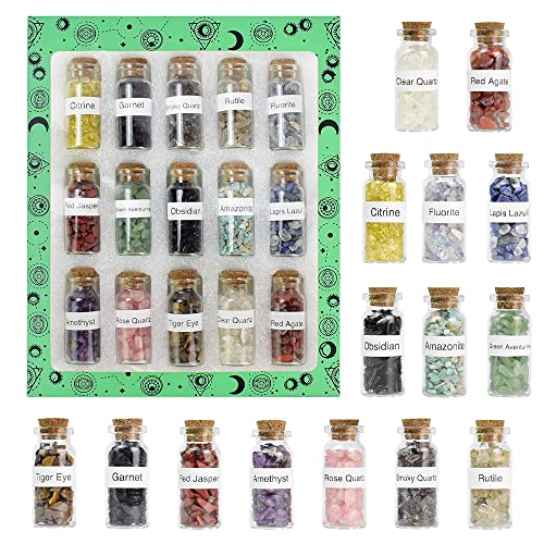 HAOMEEDUO Kit Cristales Curativos de Cuarzo 15 Botellas de Cristal para Deseos Curativos Naturales Piedras Preciosas de Reiki Piedra Triturada para Colgantes de Joyería