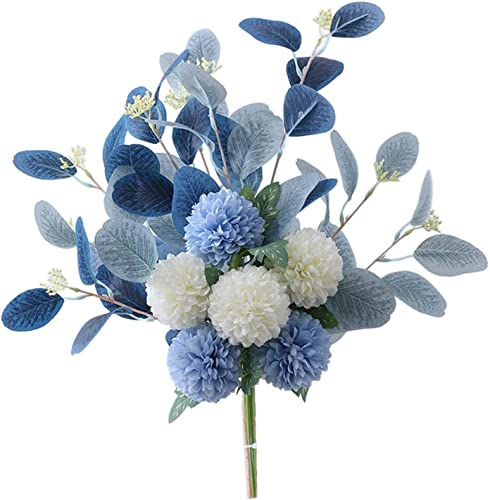HAOSHICS Flores artificiales blancas con ramo azul, hortensias, flores artificiales de crisantemo, flores artificiales de seda para decoración de centros de mesa de café (blanco azul)