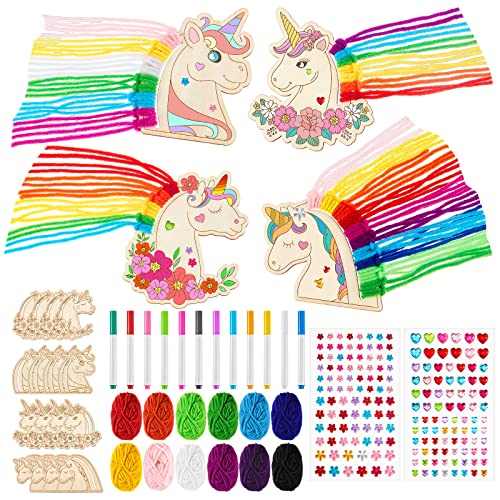 Harrycle 16 Sets de Kit de Arte y Manualidad de Unicornio Madera para Niños Juego de Artesanía de Unicornio Magnético de DIY de Pintar Su Propio Unicornio con Pegatinas de Gema para Chicas