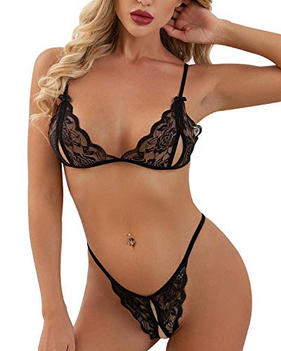 heekpek Conjunto Lencería Mujer Encaje Ropa de Dormir Mujer Lingerie Bordado Ropa Interior Sujetador Triangular y Tanga Dessous Set, Negro, M