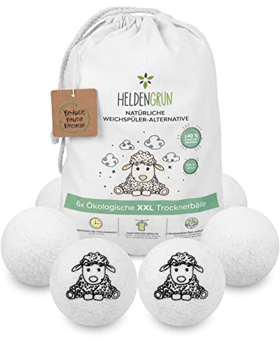 Heldengrün® Juego de 6 bolas de secado ecológicas, con certificación OEKO-TEX® – Productos sostenibles: 100% lana de oveja neozelandesa, bolas de secado para secadora, bolas de secado (blanco)
