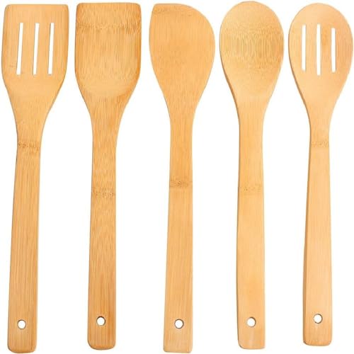 hollylife Utensilios de Cocina 5 Piezas Moderna, Sólidas Espátula Cuchara de Bambú Puro Madera Natural, sin Barnizada (Conjunto de 5 piezas)