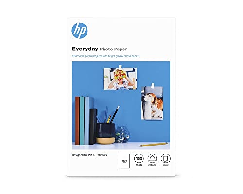 HP Everyday Photo Paper, CR757A, 100 hojas de papel fotográfico brillante avanzado, compatible con impresoras de inyección de tinta, 10 x 15 cm, peso del material de impresión 200 g/m², Blanco