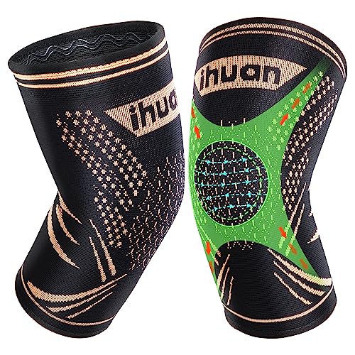 ihuan Paquete de 2 rodilleras de compresión de cobre, soporte mejorado para el dolor de rodilla, correr, levantamiento de pesas, entrenamiento, ACL, relif de dolor en las articulaciones