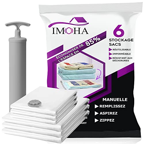 Imoha - Juego de 6 bolsas de almacenamiento al vacío para aspiradoras y abrigos, ropa, edredón, almohadas, marca francesa (3 grandes+3 medianos + 1 bomba)
