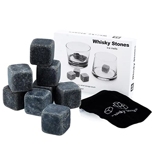 INTIRILIFE Piedras de Whisky de Granito en Piedra Gris – 9 Unidades Reutilizables de Granito Cubitos de Hielo con Bolsa de Almacenamiento Whisky – Piedras de enfriamiento – Piedras de