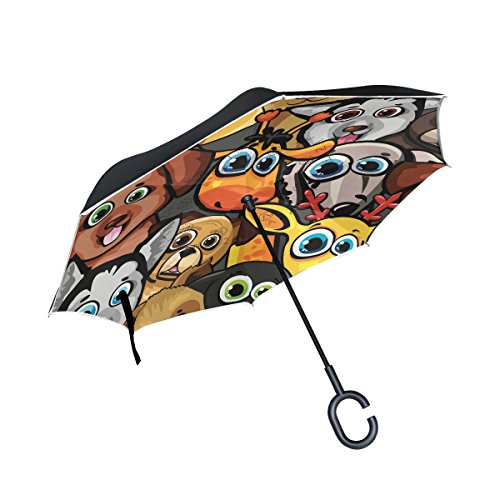 ISAOA paraguas grande invertido a prueba de viento de doble capa construcción invertida paraguas plegable para coche lluvia uso al aire libre, mango en forma de C lindo paraguas para perro