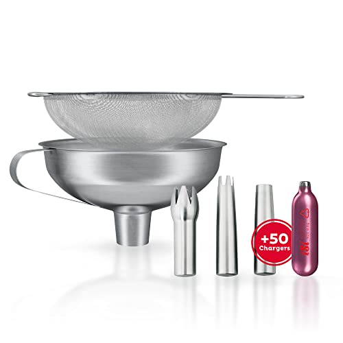 iSi – Kit de accesorios para Sifón Chantilly con 3 boquillas de acero inoxidable + embudo de 750 ml + tamiz + 50 cápsulas Chantilly – Apto para Gourmet Whip, Thermo Whip & Cream Profi Whip
