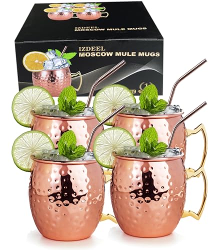 izdeel Vasos Moscow Mule Cobre 550ML Copper Mug de Moscú Copas de Cóctel, 4 Vasos con 4 Pajitas, para Cócteles, Vodka, Bebidas Frías, Fiestas, Bares, Hotel, Regalo, Christma