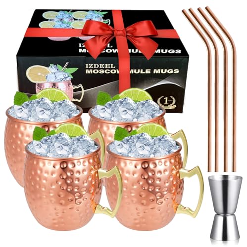 izdeel Vasos Moscow Mule Cobre 550ML Copper Mug de Moscú Copas de Cóctel, Juego de Regalo de 4 Tazas, 4 Pajitas,1 Vaso medidor