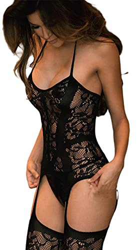 JFAN Conjunto de Ropa Interior de Jacquard para señoras Body de Encaje con Cuello Colgante de Tul sin Tanga-Negro