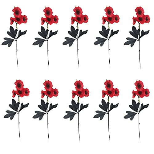 JFBUCF 10 flores de amapola roja artificiales de flores de seda con hojas negras para ramos de boda, arreglo floral, decoración de escritorio del hogar, 49 cm