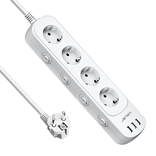 JSVER Enchufe USB con 3 Puertos de USB y 4 Tomas Regleta con Interruptor Individual Enchufe Alargador Multiple(3680W 16A),montado en la Pared -Cable 2m Blanco