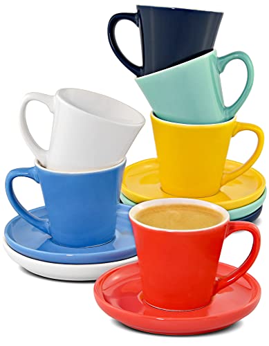 Juego de 6 Tazas de Cafe Espresso Multicolor - Con Platos - Ceramica Multicolor - Apto para Lavavajillas & Microondas - 70ml