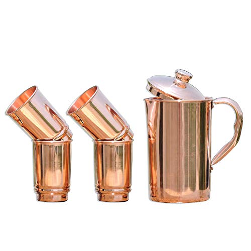 Juego de jarra y vaso de cobre para beneficios de salud ayurveda | Jarra de cobre puro (99,74%) con 4 vasos de cobre