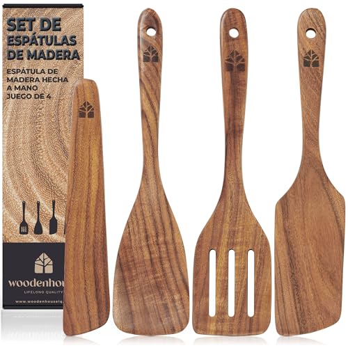 Juego de Utensilios de Cocina - 100% Madera de Teca - Set de 4 Espátulas de Madera: 1 Paleta de Cocina, 1 Espátula Giratoria, 1 Pala Ranurada y 1 Raspador de Madera. Para Sartenes Antiadherentes.