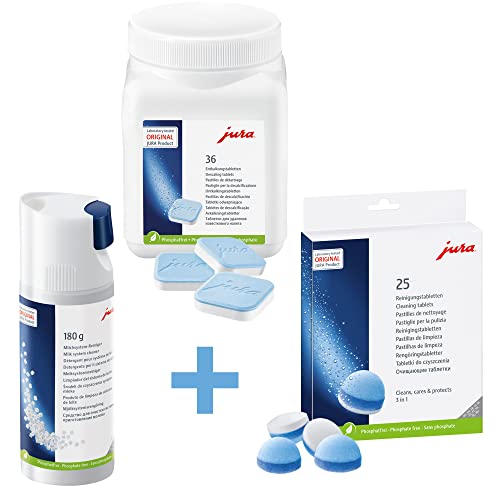 Jura Starter Pack, 25 pastillas de limpieza (3 fases) + 36 pastillas descalcificadoras + 180 g limpiador de sistema de leche