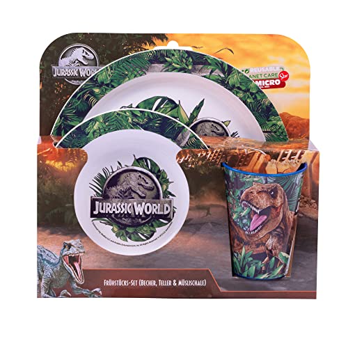 Jurassic World - Juego de desayuno con diseño de dinosaurios, 3 piezas con plato, cuenco de cereales y vaso, servicio infantil de plástico