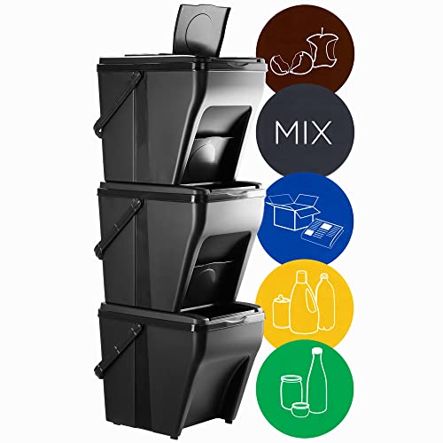 KADAX Sistema de separación de basura, cubo modular de plástico, cubo de reciclaje para cocina y baño, caja surtida, cubo de basura orgánico, clasificador de basura (3 x 25 L), Negro