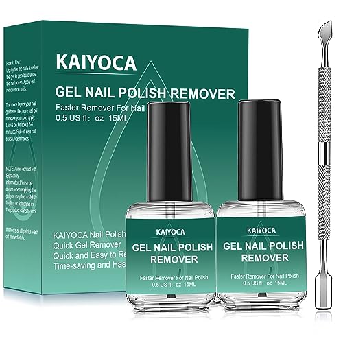 KAIYOCA 2 paquetes de removedor de esmalte de gel con 1 empujador de cutículas, elimina rápida y fácilmente el esmalte de uñas en 3-5 minutos, no daña las uñas