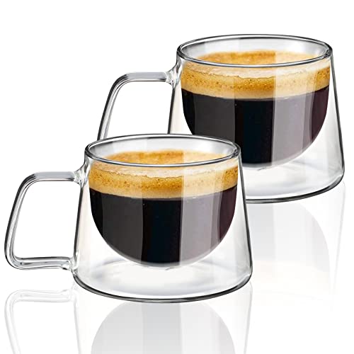KAMEUN Vasos de doble pared con asa de vidrio de borosilicato, juego de 2 vasos de 300 ml, vasos de café, vasos de té para café expreso, té, latte cola, capuchino y bebidas’ (2*300ml)