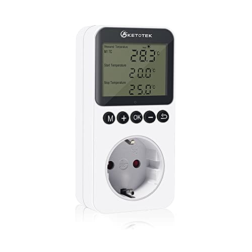 KETOTEK Digital Termostato Enchufe, Controlador de Temperatura Día Noche con Temporizador y Sonda, Calefacción Refrigeración Termostato para Invernadero Incubadora Reptiles