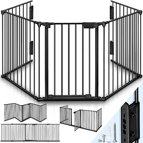 KIDUKU® Barrera de Seguridad 480 cm para Niños y Mascotas | Reja de Protección de Metal - Premontado | Rejilla Protectora Metálica Plegable con Puerta | 8 Paneles