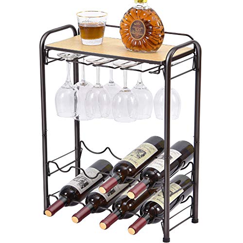 KINGRACK Estante de Metal para 8 Botellas de Vino, con Soporte para Copas y Mesa, Organizador de Almacenamiento con 4 Niveles, para Cocina, Color Burgundy