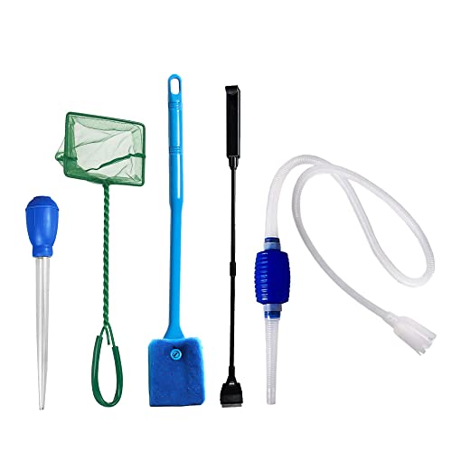 Kit de herramientas de limpieza 5 en 1 para acuario, limpiador de grava, sifón, limpiador de peceras, cambiador de agua con cuentagotas, rascador de algas, cepillo de esponja lateral, red de pesca