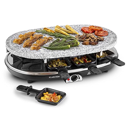 Klarstein Steaklette - Raclette Grill, Parrilla de mesa, Barbacoa-Party, 1500W, regulador de temperatura, Plancha raclette granito natural, 8 sartenes, Antiadherente, Crepera y para tortitas, Negro