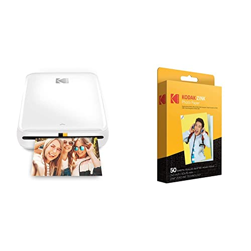 KODAK Step Impresora Móvil con tecnología Zink, Imprime Fotos Adhesivas de 2x3 Pulgadas Desde Cualquier Dispositivo, NFC, Bluetooth, Blanco + Papel fotográfico Zink Premium de 2x3 Pulgadas, 50 Hojas