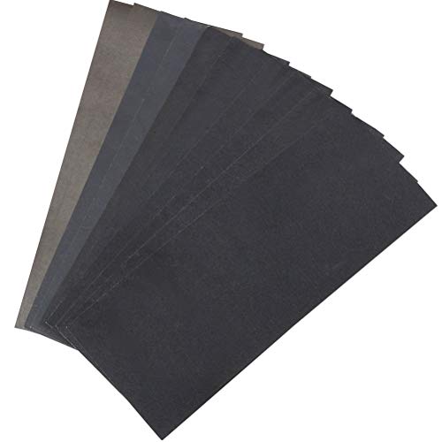 kuou 12 hojas de papel de lija, papel de lija húmedo y seco, grano de 400/600/800/1000/1200/1500 para acabado de muebles de madera.
