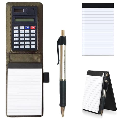 KXF - Cuaderno de bolsillo A7 con cubiertas de piel, pequeño y práctico cuaderno para notas con bolígrafo y calculadora, bloc de notas reemplazable, 60 páginas