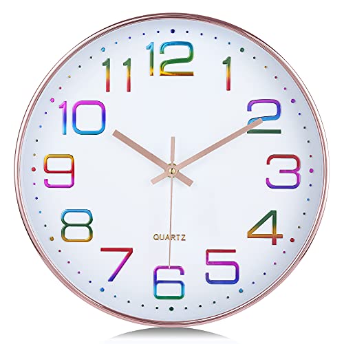 Lafocuse Reloj de Pared Oro Rosa Silencioso Moderno, Números 3D Multicolor Niños Infantil Fácil de Leer, Reloj de Cocina Decoracion Hogar Salon Dormitorio Habitacion 30cm