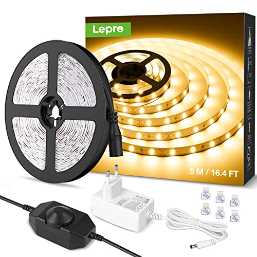 Lepro Tira Luz LED Regulable, Habitación 5M 1200lm, Blanco Cálido 3000K, 300, para gabinete, armario y más, Incluido fuente de alimentación de 12V y regulador de intensidad