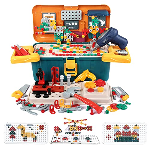 LIHAO Caja de Bloques de Construccion con Taladro y Tornillos, Juguetes Educativos Montessori, Puzzle 3D, Mosaico Infantil, Rompecabezas, Regalo para Niños