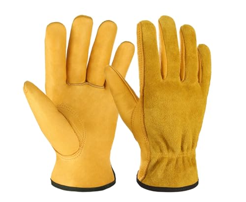 LIKAOR guantes de trabajo de piel de vaca para hombre y mujer, protección de seguridad para soldadura de jardín, mecánica de trabajo multiusos, resistente al desgaste (Yellow,XL)