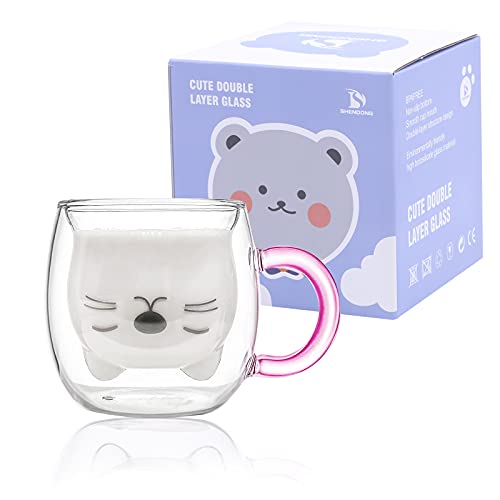 Lindas tazas de gato con asa Gato lindo de las tazas Taza de café de té Tazas de café expreso de vidrio aislante de doble pared VasoLeche 250ml Regalo para cumpleaños, día de San Valentín y oficina